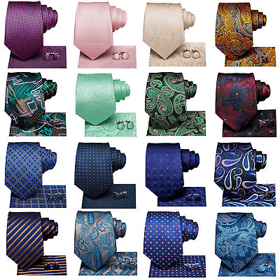 #ad Extra Long Mens Tie 63#x27;#x27; Silk Paisley Floral Wedding Necktie Hanky Cufflinks Set $11.99