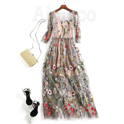 #ad Women Boho Cotton Maxi Dress Embroidered Lace Sheer Mesh Floral Long Party Dress $25.82