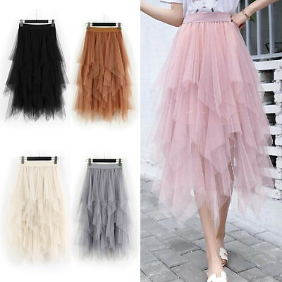 #ad Women High Waist Tulle Mesh Tutu Skirt Sheer Layered Pleated Long Maxi Dresses AU $19.99