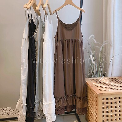 #ad Lady 100%Cotton Camisoles Slip Dress Petticoat Lace V Neck Loose Long Maxi Dress $18.98