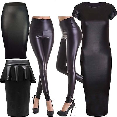 Womens Ladies Plus Size High Rise Wet Look PVC Leggings Peplum Skirt dress 16 24 GBP 11.99