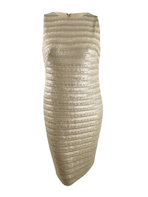 #ad Lauren Ralph Lauren Women#x27;s Striped Metallic Cocktail Dress 16 Natural $139.99