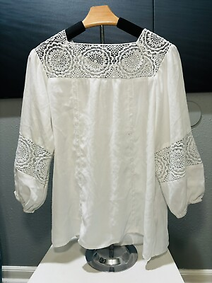 #ad #ad COUNTERPARTS White Lace Boho Peasant 3 4 Sleeve Blouse Tunic Shirt Sz M $48 $20.00