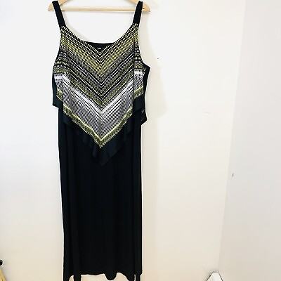 #ad Soho Maxi Dress 2X Overlay Strappy Black Green Print Stretch Knit Travel Boho $24.99