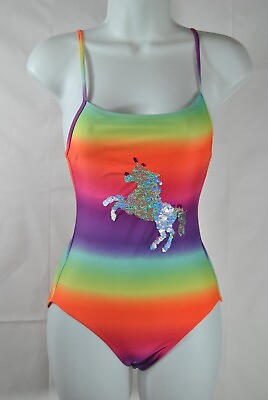 #ad CAT amp; JACK Girls Striped One Piece L 10 12 Glitter Unicorn Swimsuit $6.00