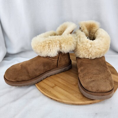 #ad UGG Australia Womens Boots Size 8 Ankle Booties Suede Shearling Cuffs Bows Brown $25.99