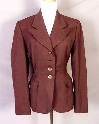 vintage 40s Forstmann Brown Wool Gabardine Peplum Suit Jacket Peak Lapels SZ 14 $99.99
