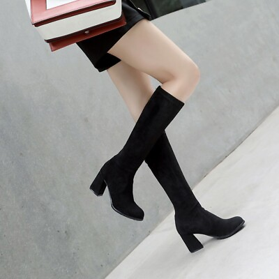 #ad Women Knee High Boots Block Heel Round Toe Faux Suede Stretchy Knight Boots Size $62.36