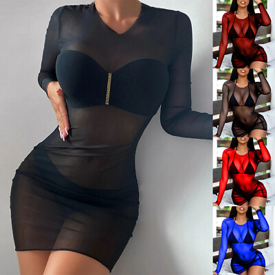 Women Mesh See through Bodycon Mini Dress Ladies Bikini Beach Cover Up Long Tops $9.38