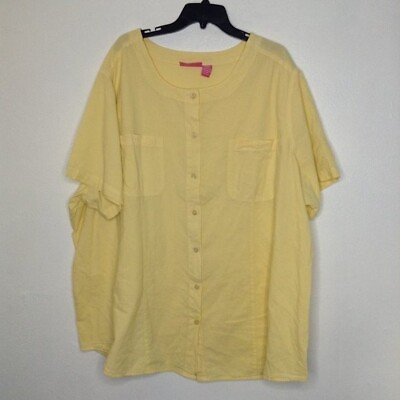 Woman Within Button Up Short Sleeve Top Yellow Plus Size 4X Pockets $19.21
