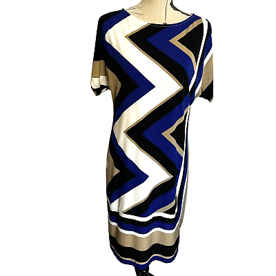 #ad Studio One Dress Casual Blue Geometric Printed Size L Short Sleeve Stretch $9.75