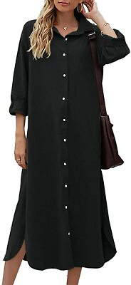 #ad Sopliagon Women Cotton and Linen Shirt Dress Casual Loose Maxi Dresses $74.93