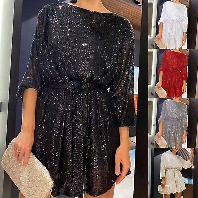 #ad Women#x27;s Holiday Party Sequin Beaded Lace Up Long Sleeved Cocktail Dress Summer $30.91