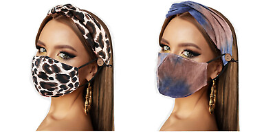 Womens Face Mask Button Headband Set Reusable Cloth Cover Leopard or Tie Dye $14.99