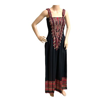 #ad Ashro Womens Maxi Dress Small Navy Blue Red Gold Sleeveless Ruched Top Ethnic $34.95