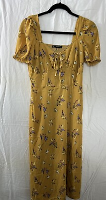 #ad Hesperus Gold Floral Maxi Dress Short Sleeve Smocked Prairie Size M $28.88