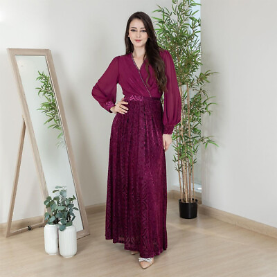#ad Dubai Women Muslim Maxi Dress Long Sleeve V Neck Kaftan Cocktail Party Dresses $42.73