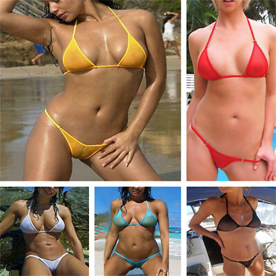 #ad Women Mesh Micro Bikini Set Swimwear Sexy Brazilian Sheer Swimsuit See Through $7.89