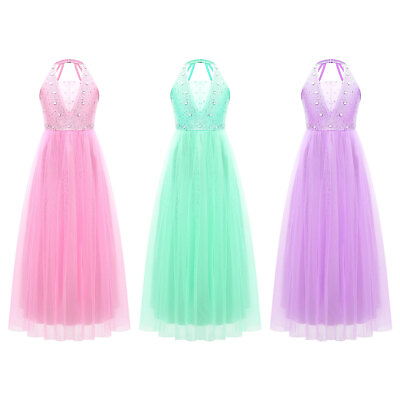 #ad Kids Girls Dresses Maxi Dress Long Dancewear Christmas Flower Halter Neck Gown $8.49