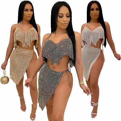 #ad 2 Piece Women Bodycon Two Piece Crop Top and Skirt Set Dress Party Clubwear Sexy $31.99
