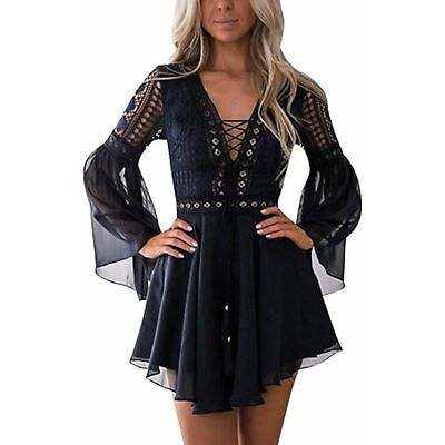 #ad Lace Boho Dress Crochet High Waisted Solid Elegent Ruffle Short Dress Black Sm $38.33