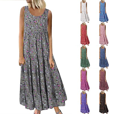 #ad Women Casual Bohemian Floral Dresses With Pockets Sleeveless Summer Beach Dress $28.58