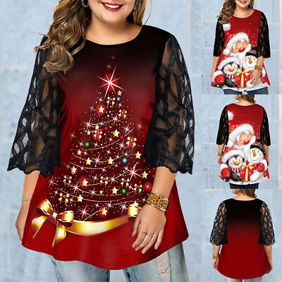 Plus Women Christmas Round Neck Tops Tunic Ladies Xmas 3 4 Sleeve Blouse T Shirt $6.64