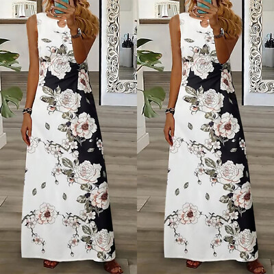 #ad Women#x27;s Sleeveless Floral Long Maxi Dress Holiday Beach Casual Baggy Dresses US $24.79
