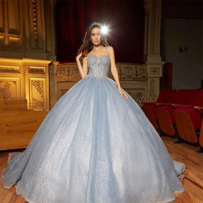 #ad Blue Quinceanera Dress Spaghetti Straps Sequined Tulle Sleeveless Party Dresses $161.59