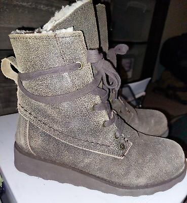#ad Bearpaw Boots Womens 7 Krista Ankle Wedge Lace 2025W Brown Suede amp; Sheepskin $7.00