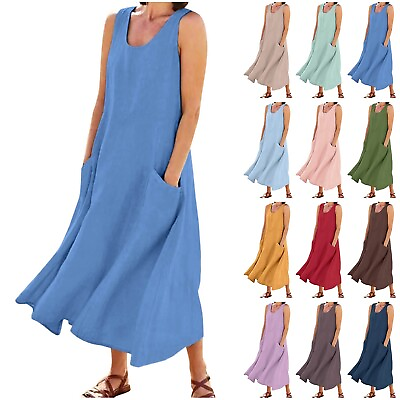 #ad Women#x27;s Cotton Linen Sleeveless Maxi Dress Ladies Solid Pockets Summer Sundress $20.59