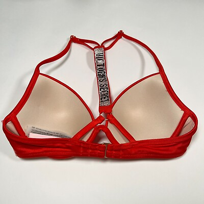 #ad Victoria Secret 32C Fabulous Bikini Top Shine Strap Push Up Racerback Logo Red $21.95