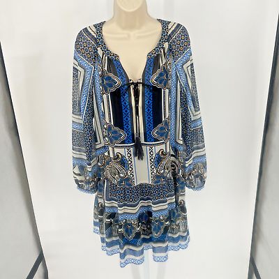 #ad Hale Bob Paisley Chiffon Boho Dress Long Sleeve Knee Blue Black Print Medium $58.40
