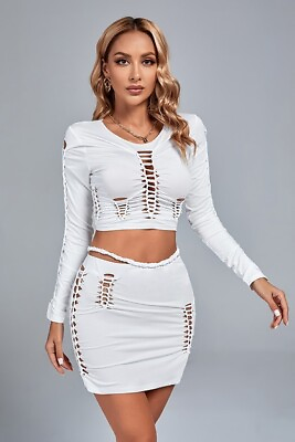#ad Nice Cutout 2 Piece Fitted Skirt with Cropped Long Sleeve Top Bodycon Set $16.99