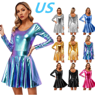 #ad US Womens Shiny Metallic Outfits Long Sleeve Round Neck Leotard with Skirt Sets $23.99