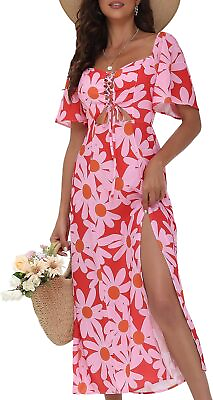 #ad Womens Summer Floral Midi Dress 2024 Casual Boho Dresses Short Sleeve A line Squ $89.63