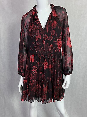 #ad Hamp;M Black Red Floral Chiffon Sheer Long Sleeve Boho Dress Size 4 $8.50