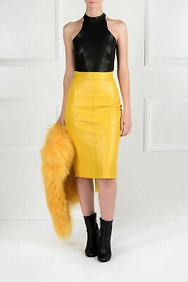 #ad Customized Women#x27;s Lambskin leather skirt Women#x27;s Yellow Skirt Genuine Skirt $116.10
