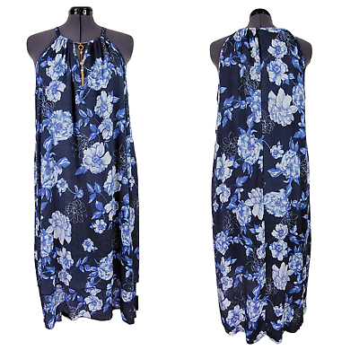 #ad Mlle Gabrielle Maxi Dress Size 3X High Low Tiered Sleeveless Keyhole Blue Floral $31.96