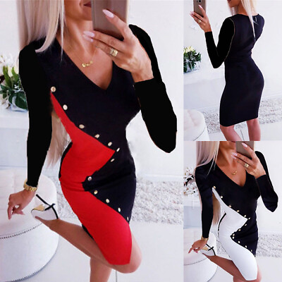 #ad Women#x27;s V Neck Long Sleeve Bodycon Dress Ladies Cocktail Party Slim Fit Dress $24.22