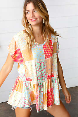 #ad Coral amp; Peach Boho Patchwork Babydoll Woven Top $23.80