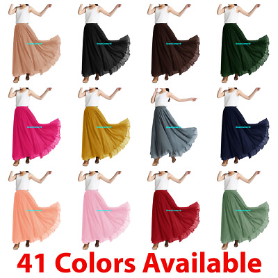 #ad Women Maxi Skirt Chiffon Double Layer Pleated Retro Long Dress Elastic Waist New $26.99