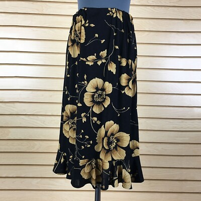 #ad A Line Midi Skirt S Black Floral Unlined Rayon $7.97