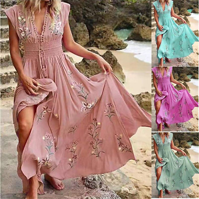 #ad Women#x27;s Boho V Neck Floral Print Maxi Dresses Sleeveless Summer Beach Dress $35.14