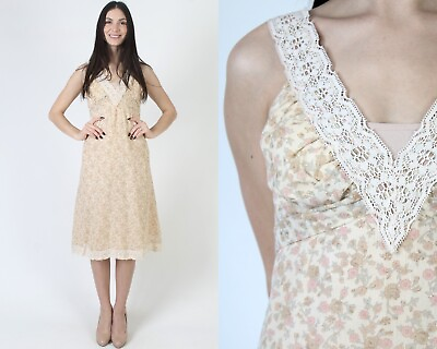#ad Vtg 70s Calico Floral Print Boho Dress Deep Lace V Neckline Hippie Sun Sundress $58.90