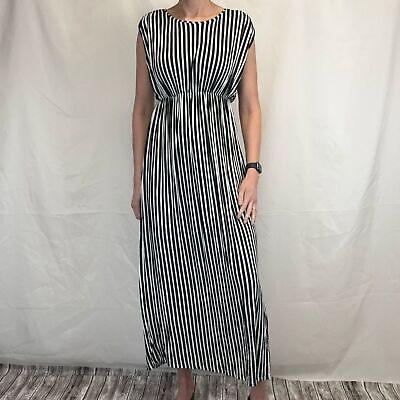 #ad Splash Women#x27;s Sleeveless Black White Striped Long Maxi Dress Slit 12 Crewneck $39.00