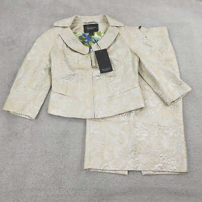 St John Couture Skirt Set Womens 2 Jacket Skirt Damask Print Gold Cream Metallic $629.87