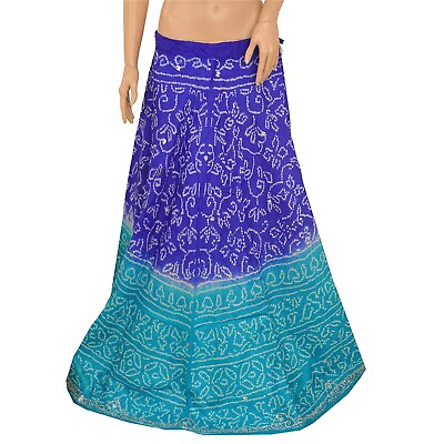 #ad Sanskriti Vintage Blue Long Skirt Pure Silk Hand Bead Banddhani Stitched Lehenga $74.46