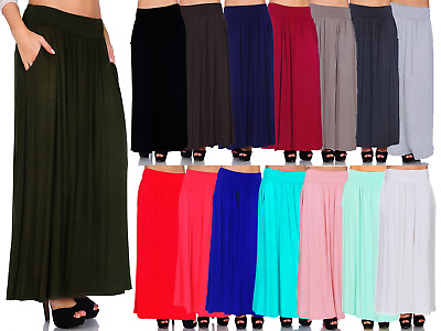 SR Women#x27;s High Waist Shirring Long Maxi Skirt w Pockets Size: S 5X $25.99