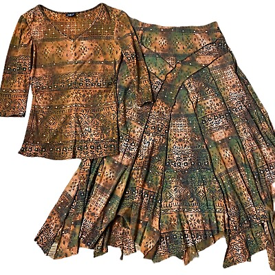 #ad TRIBAL 2 Pc Skirt Set Bohemian Printed Peasant Midi Skirt Stretch Top Bulgaria $34.99